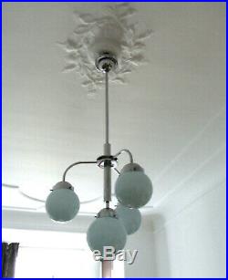 Art Deco Decken-Lampe 1930 Chrom blaue Glas-Schirme pendant lamp Bauhaus era