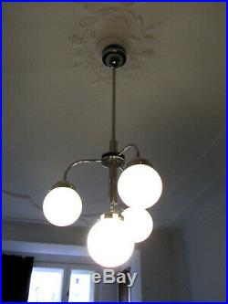 Art Deco Decken-Lampe 1930 Chrom blaue Glas-Schirme pendant lamp Bauhaus era