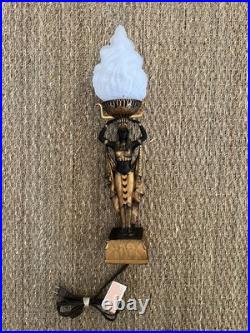 Art Deco Egyptian Revival Figural Torch Lamp Frosted Flame Glass Shade