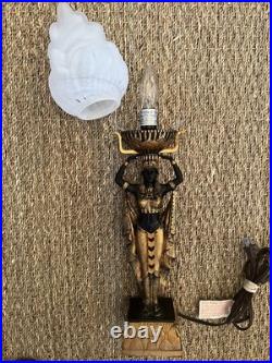 Art Deco Egyptian Revival Figural Torch Lamp Frosted Flame Glass Shade