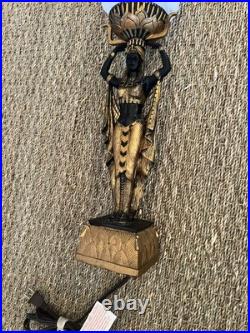 Art Deco Egyptian Revival Figural Torch Lamp Frosted Flame Glass Shade