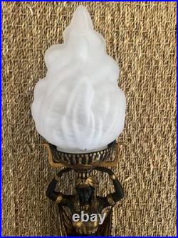 Art Deco Egyptian Revival Figural Torch Lamp Frosted Flame Glass Shade