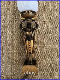 Art Deco Egyptian Revival Figural Torch Lamp Frosted Flame Glass Shade