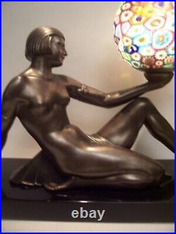 Art Deco Egyptian Revival Nude Female Millefiori Shade Lamp On Marble Plinth 12