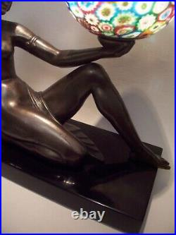 Art Deco Egyptian Revival Nude Female Millefiori Shade Lamp On Marble Plinth 12