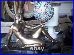 Art Deco Egyptian Revival Nude Female Millefiori Shade Lamp On Marble Plinth 12