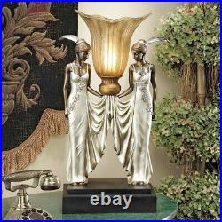 Art Deco Elegant Tabletop Torchiere Peacock Maidens Lamp Illuminated Sculpture