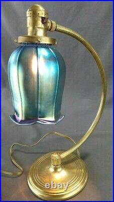 Art Deco Era CHASE Brass Table Lamp Blue Gold Aurene Squash Blossom Glass Shade