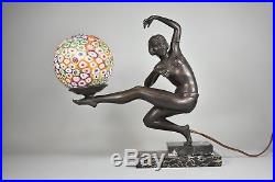 Art Deco Figural Dancer Single Socket Lamp Millefiori Glass Shade Marble Base