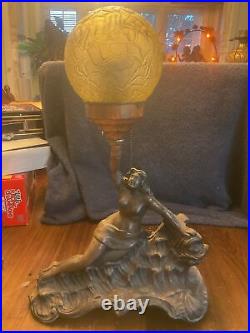 Art Deco Figural Lamp. Woman On Sea Serpent. Ball Shade