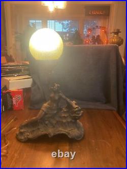 Art Deco Figural Lamp. Woman On Sea Serpent. Ball Shade