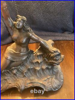 Art Deco Figural Lamp. Woman On Sea Serpent. Ball Shade