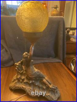 Art Deco Figural Lamp. Woman On Sea Serpent. Ball Shade