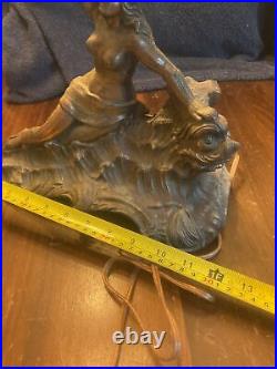 Art Deco Figural Lamp. Woman On Sea Serpent. Ball Shade