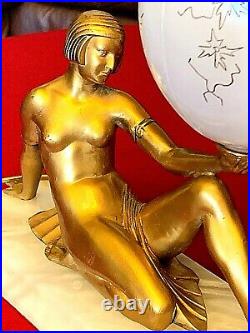 Art Deco Figural Nude Lady Bronze Lamp with alabaster Globe
