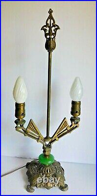 Art Deco Fleur De Lis 2 Arm Brass Table Lamp Ornate Filigree Green Marble Accent
