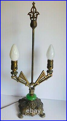 Art Deco Fleur De Lis 2 Arm Brass Table Lamp Ornate Filigree Green Marble Accent