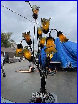Art Deco Floor Lamp with Hand-Blown Glass Flowers, Wrought Iron Base