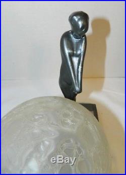 Art Deco Frankart Coy Nude Girl Mounted On Greist Lamp Base With Crackle Globe