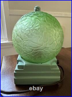 Art Deco Frankart Nuart Lady Lamp With Green Crackle Glass Vaseline Light Shade