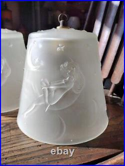 Art Deco Frankart Nymph on Crescent Moon Frosted Glass Lamp Shades, Set/2