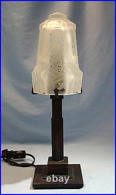 Art Deco French Muller Freres Frosted Glass & Bronze Boudoir Lamp Circa 1930s