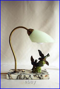Art Deco French Table / Bedside Lamp Antique Marble, 2 birds