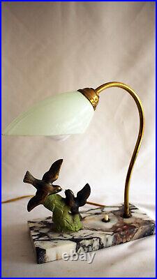 Art Deco French Table / Bedside Lamp Antique Marble, 2 birds