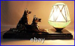 Art Deco French Table / Bedside Lamp Antique Marble, Bronze, Glass 2 DOGS