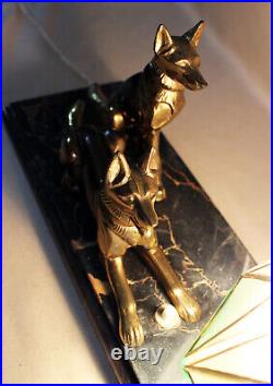 Art Deco French Table / Bedside Lamp Antique Marble, Bronze, Glass 2 DOGS