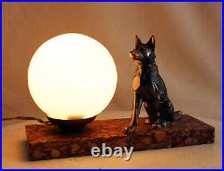Art Deco French Table / Bedside Lamp Antique Marble, Bronze, Glass DOG