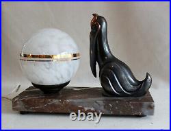 Art Deco French Table / Bedside Lamp Antique Marble, Bronze, Glass Pelican