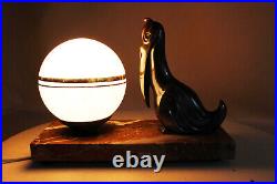 Art Deco French Table / Bedside Lamp Antique Marble, Bronze, Glass Pelican