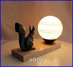 Art Deco French Table / Bedside Lamp Antique Marble, Bronze, Glass Squirrel
