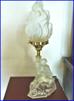 Art Deco Frosted Glass Table Lamp, Semi-naked Lady Base, New Wiring & Fittings