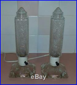 Art Deco Glass Torpedo Skyscraper Bullet Lamps Vintage Pair Boudoir Vanity Light