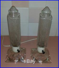 Art Deco Glass Torpedo Skyscraper Bullet Lamps Vintage Pair Boudoir Vanity Light