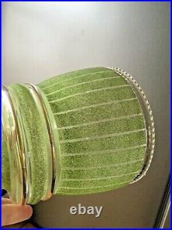 Art Deco Green & Gold Gilt Sugar Frosted Striped Glass Lamp Light Shade Vintage