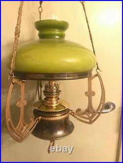 Art Deco Hanging Chain Lamp BEAUTIFUL Green Glass Shade