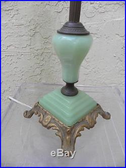 Art Deco Jadeite Green Glass & Brass Table Lamp
