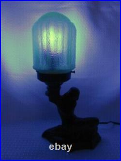 Art Deco Lady Figural Lamp With Vaseline Glass Shade