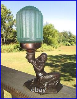 Art Deco Lady Figural Lamp With Vaseline Glass Shade