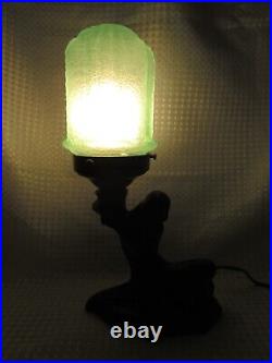 Art Deco Lady Figural Lamp With Vaseline Glass Shade