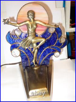 Art Deco Lady lamp metal/stained glass design sz 9in tall by L&L W MC 9919 metal