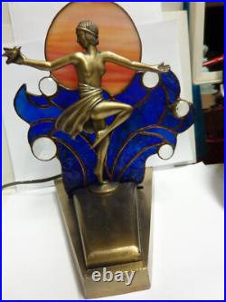Art Deco Lady lamp metal/stained glass design sz 9in tall by L&L W MC 9919 metal