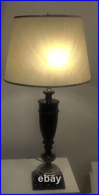 Art Deco Lamp. Cast Black Enameled With Nickel-plated Metal Appliques