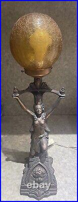 Art Deco Lamp Lady With Textured Orange Glass Globe