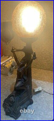 Art Deco Lamp Lady With Textured Orange Glass Globe