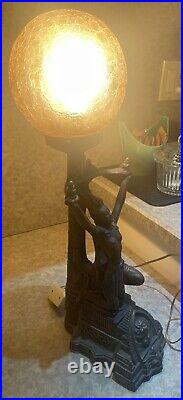 Art Deco Lamp Lady With Textured Orange Glass Globe