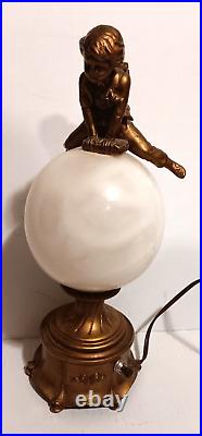 Art Deco Lamp Leapfrog Alabaster Sphere Antique School Boy Child Light Onyx